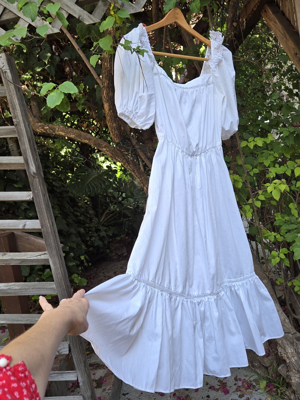 Vintage 70s Bohemian Peasant Puff Sleeve White Dress S